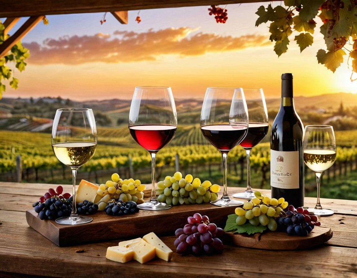 A beautifully arranged wine tasting scene featuring elegant wine glasses filled with rich red and sparkling white wines. The backdrop showcases rolling vineyards under a golden sunset, with grapevines laden with ripe grapes. An artisan winemaker is delicately pouring wine into a glass, exuding passion and craftsmanship. Include subtle elements like wooden barrels and a rustic table with cheese and grapes. super-realistic. vibrant colors. warm tones.
