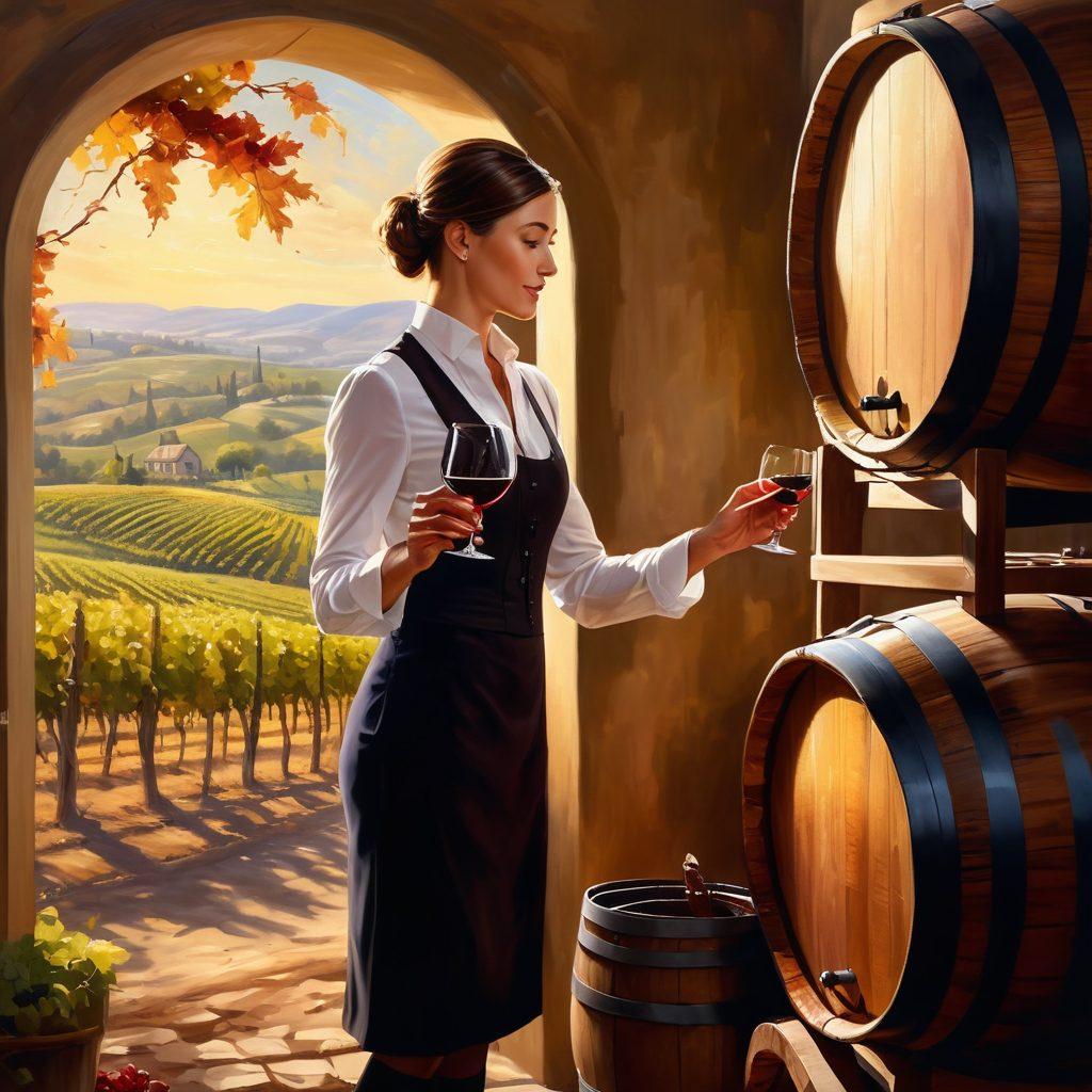 An elegant sommelier gracefully swirling a glass of red wine, with rich vineyard landscapes in the background. The scene captures luxurious wooden wine barrels and sunlit grapevines, evoking the essence of a wine tasting journey. Soft, ambient lighting enhances the sophistication of the moment, inviting viewers to indulge in the art of wine. Painting. Warm colors. Rustic charm.