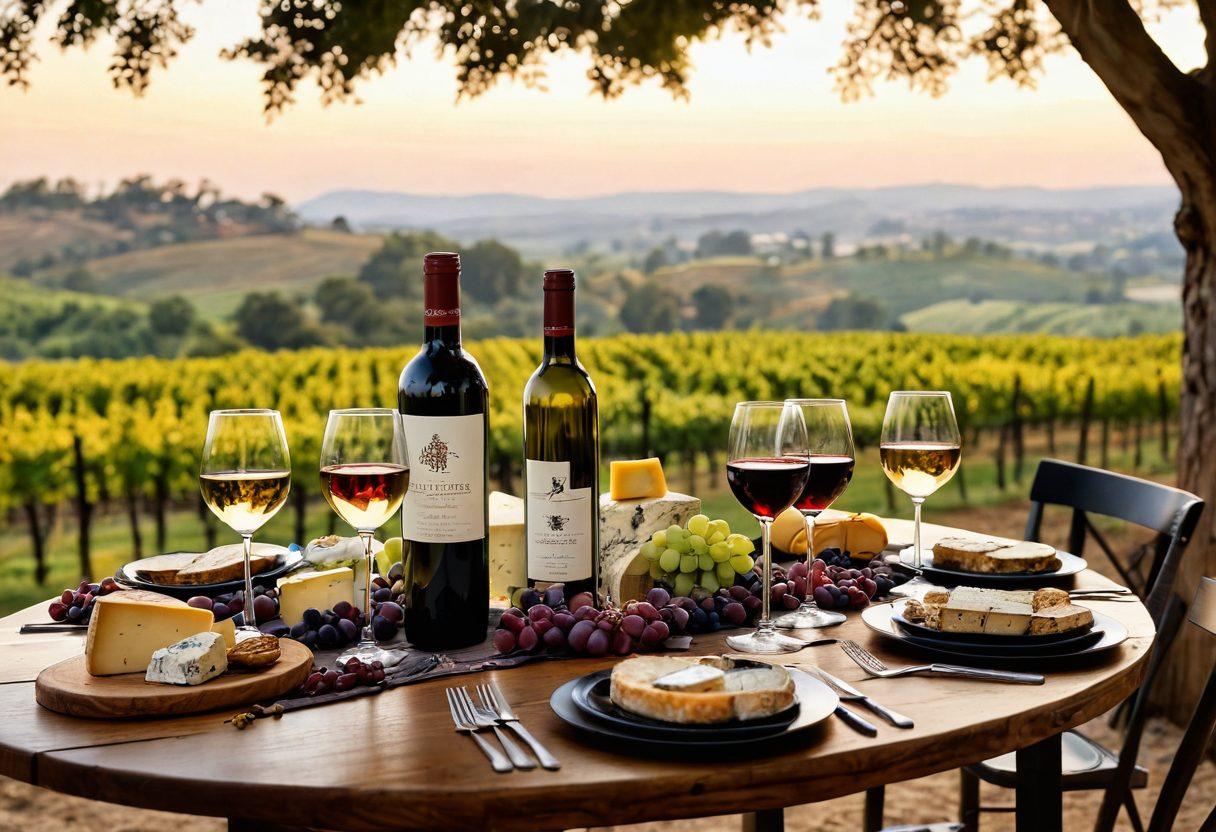 A beautifully arranged table featuring an array of exquisite fine wines, elegant glasses reflecting light, artisanal cheese, and gourmet dishes, under a warm, inviting ambiance with soft candlelight. Include a backdrop of a rustic vineyard landscape, enhancing the allure of wine collecting and savoring experiences. Capture the elegance and sophistication of wine culture. super-realistic. vibrant colors. warm tones.